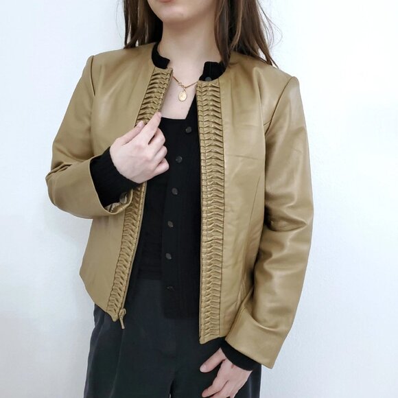 Revue Metallic Gold Lamb Skin Lined Full Zip Leather Jacket 90's Y2K Small - Picture 4 of 16